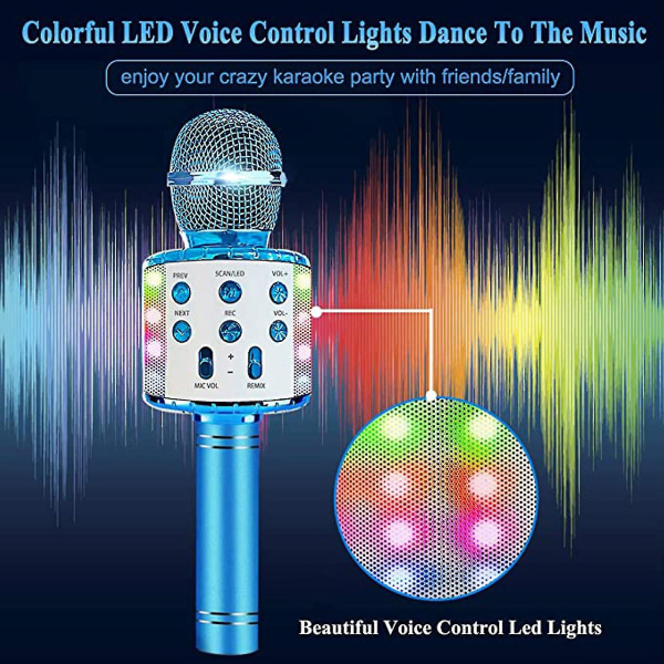 4 i 1 Bluetooth Karaoke Mikrofon Bärbar Högtalare Handhållen Hem Ktv-spelare med inspelningsfunktion &amp; Led ljus för barnleksaker Blue