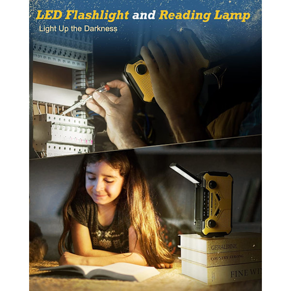 Nödradiolampa LED ficklampa Bärbar Handvev AM/FM Solradio (gul)