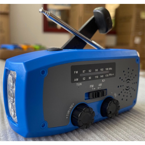 Nødradio med solcelle, AM/FM, håndsveiv, 2000mAh med LED-lommelykt for utendørs bruk (blå)