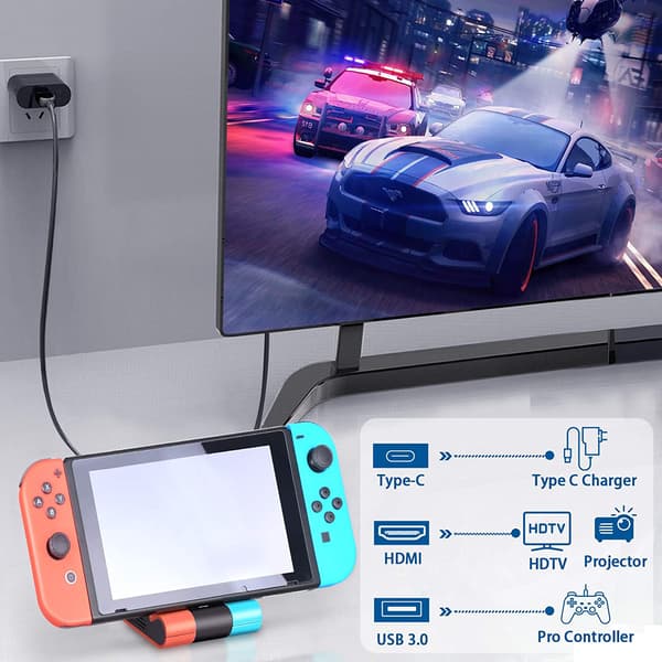 Dockingstation til Nintendo Switch foldbart tv-dockingsæt med 4K HDMI-adapter og USB C-opladningsstander