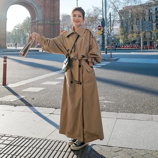 Trenchcoat för kvinnor Lös oversize lång jacka Dubbelknäppt bälte Dammantel Grå vindjacka L Khaki