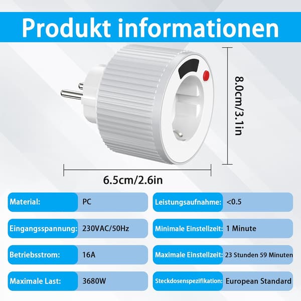Timerstik, 1 minut til 24 timer, drejekontakt med LED-display, 16 A, 3600 W 230 V