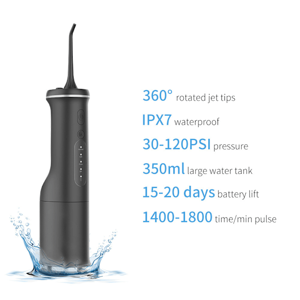 Oral Irrigator, 350 ml med 4 arbejdsindstillinger (sort)