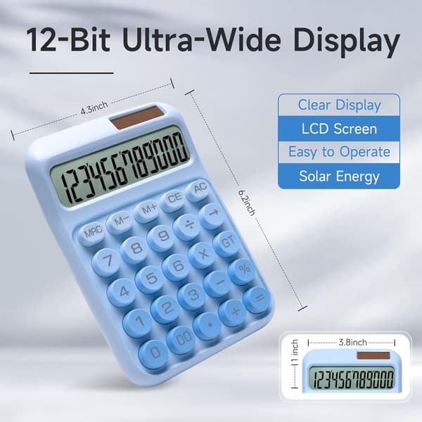 Bordregner, 12 cifre, stort LCD-display, store knapper, solcelle- og batteridrevet (blå)