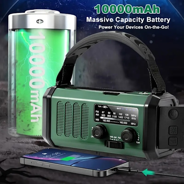 10 000 mAh nödradio: NOAA AM/FM väderradio med handvev (grön)