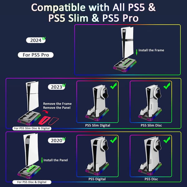 Kjølevifte - Stativ og lader med RGB 3 USB-porter for PS5/Slim/Pro (hvit)