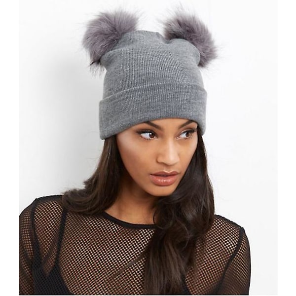 Talven lämpimät neulotut lippalakit Pehmeä tekoturkis Double Pom Beanie Hat Pehmovuori Gray