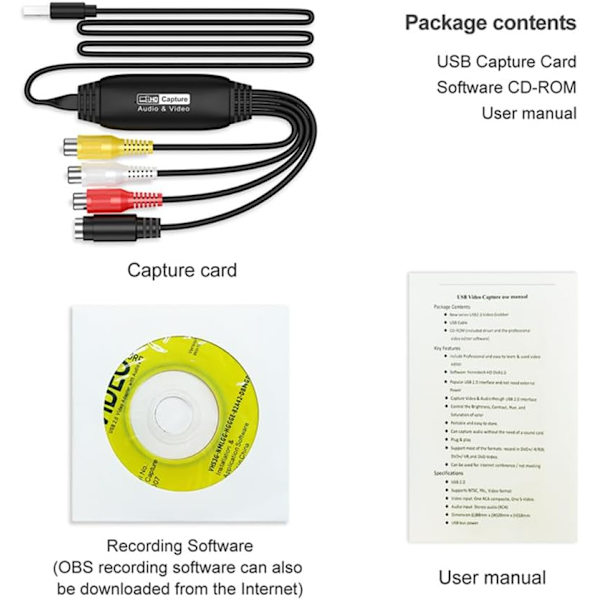 Usb-videokaptuerkort, drivrfri Av-signalkapturdatainsamlare, för 1080Pwin-system, Windows, Mac Os, Linux, Obs/Potplayer/Quicktime/Xsplit, etc.