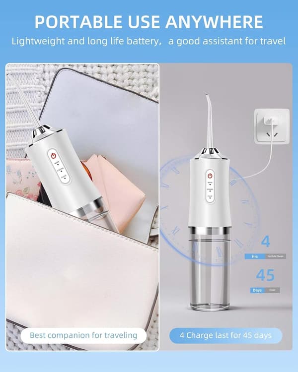 Oral Irrigator - 4 dyser 3 moduser for tannrenser, IPX7 vanntett, hvit
