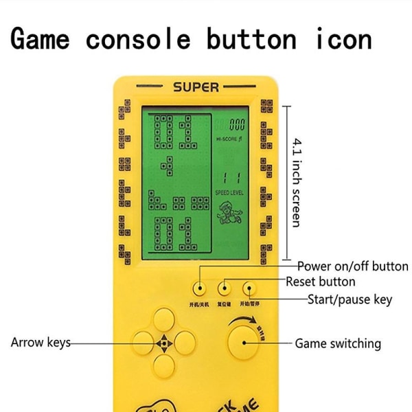 4,1 tommer stor skærm Tetris spilkonsol, børns nostalgiske puslespil håndholdt bærbar spilkonsol Yellow