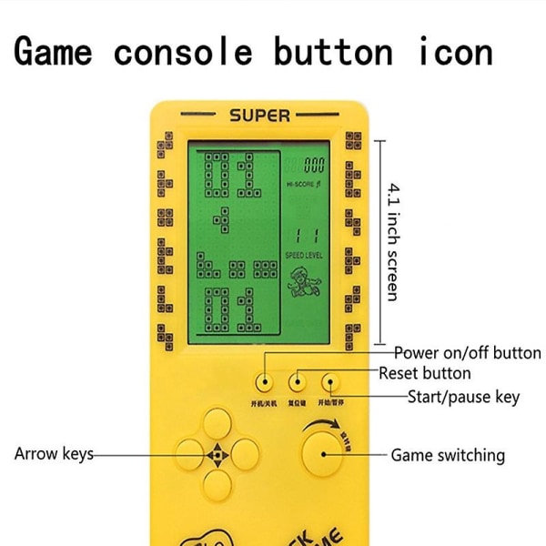 4,1-tommers Tetris-spillkonsoll med stor skjerm, nostalgisk puslespill, håndholdt bærbar spillkonsoll Yellow