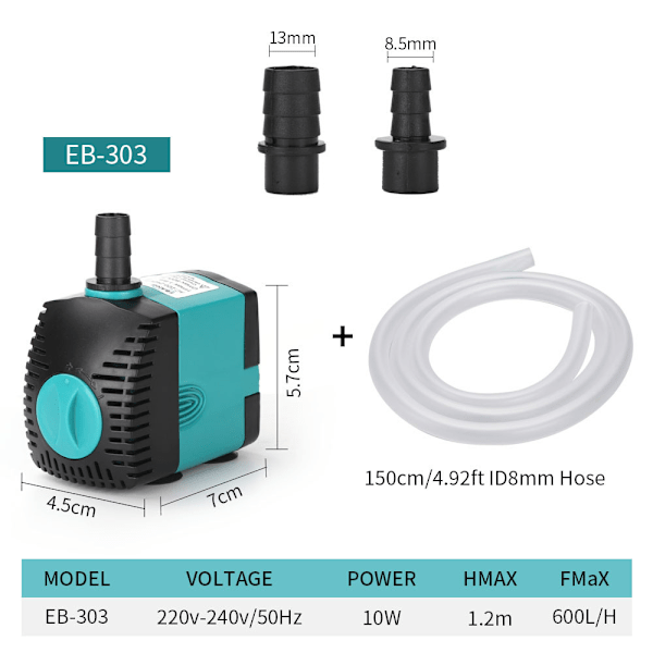Senkbar fontenepumpe (600L/T, 10W) med 2 dyser, 1,2 meter løftehøyde, 1,5 meter vannslange