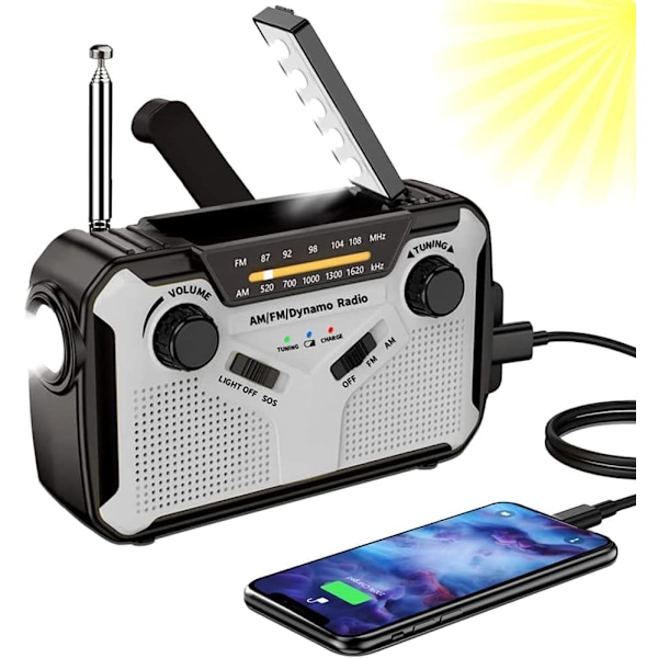 Nödradiolampa LED ficklampa Bärbar Handvev AM/FM Solradio (grå)