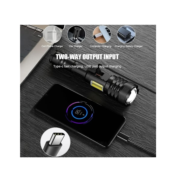 Hög Lumen Ficklampor Super Stark LED Ficklampa Med COB Sidoljus Zoombar Taktisk Portabel Ficklampa 9 Lägen Vattentät Svart