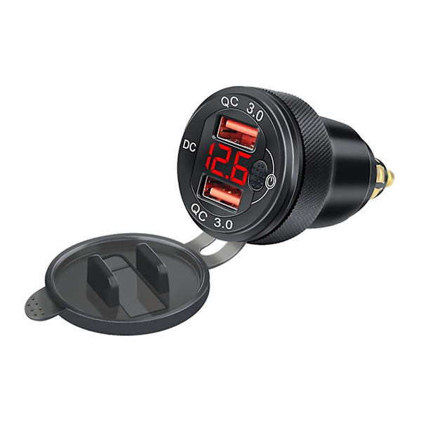 Snabbladdare 3.0 USB-laddningsadapter med LED-voltmeter för motorcykel Red 2 USB QC3