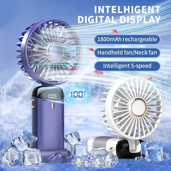 Ventilator - Mini Håndholdt Foldbar, 5 Vindhastigheder Med Mobiltelefonholder Og Display, 1800Mah (Violet)