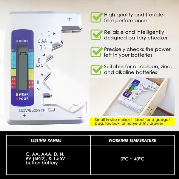 Universal batteritester med LCD-skærm til alle C AA AAA D N 9V 6F22 1,5V batterier (sølv) Silver