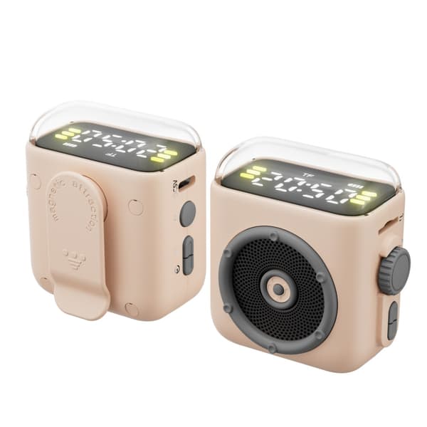Bluetooth-højttaler med natlys og ur, med bagklips (beige)