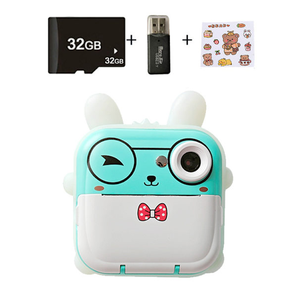 Lasten digitaalinen piirroskamera, söpö mini HD-tulostuskamera, sininen kani + 32 Gt + kortinlukija + piirrostarrat