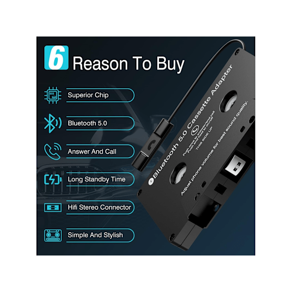 Auton kasettisoitin Aux-adapteri Kasettivastaanotin Bluetooth 5.0 Langaton kasettinauhuri Aux-adapterille