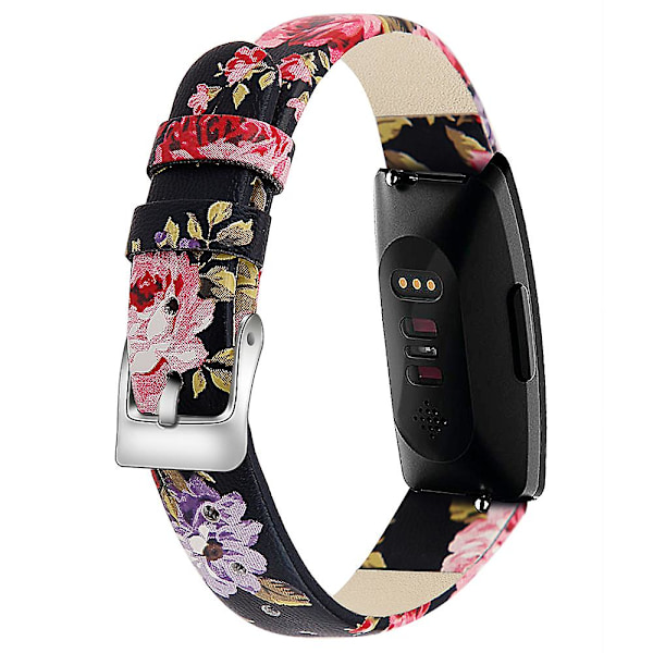 For Fitbit Inspire / Inspire HR Smart Watch Band Top-layer Cow Leather Wrist Strap, SIZE L-6.7-8.1 inches Black Pink Flower