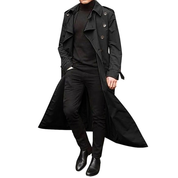 Män Trench Coat Dubbelknäppt Lapel Windbreaker Man Långjacka Ytterkläder S Black