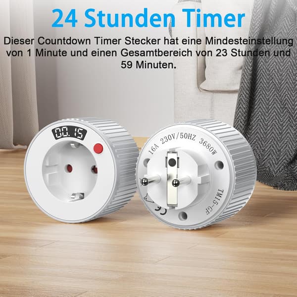 Timerstik, 1 minut til 24 timer, drejekontakt med LED-display, 16 A, 3600 W 230 V