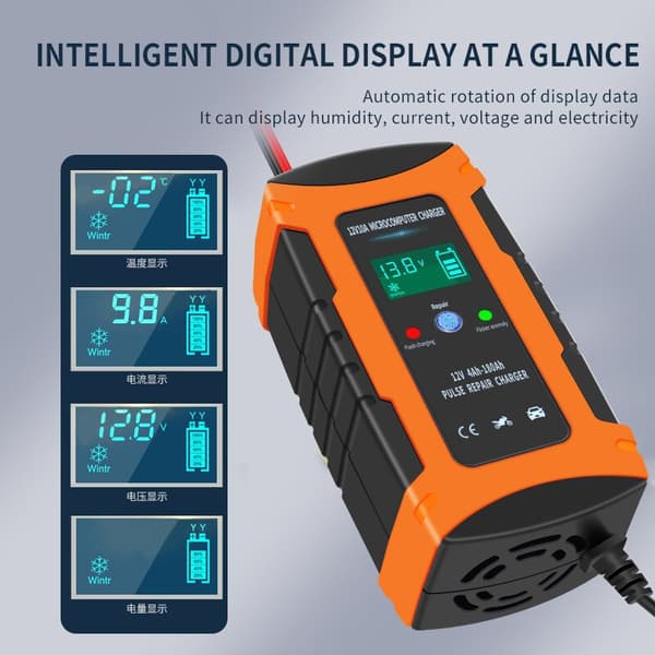 12V 10A Bilbatterilader Digitalt Display Intelligent Pulsreparasjon Batterilader
