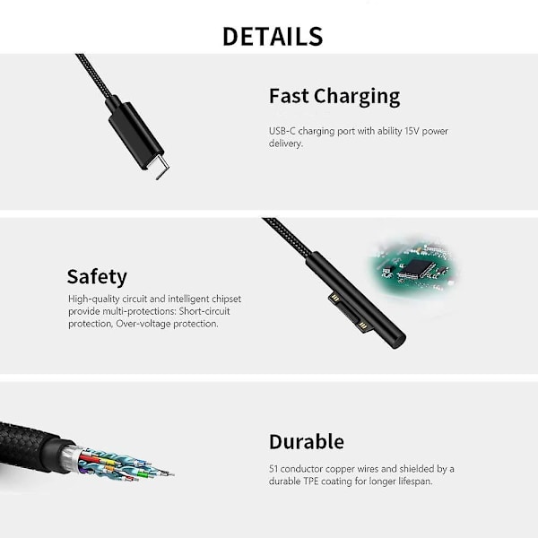 Nylonflätad USB-C-laddningskabel för Surface Pro 6/5/4/3 Surface Laptop 1,5 M 45W 15V PD-strömförsörjningskabel