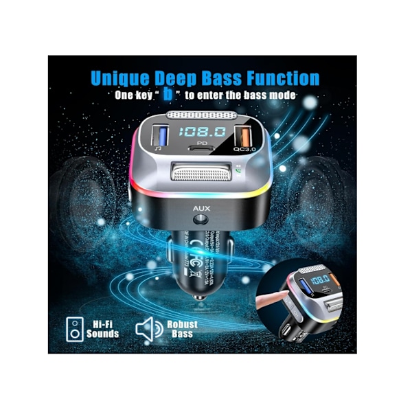Bil FM Transmitter Bluetooth 5.0 Biloplader Pdqc3.0 Bluetooth Aux Radio Musik Adapter Sort