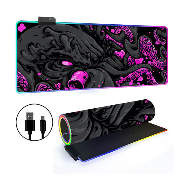 Musemåtte - RGB Baggrundsbelysning Skridsikker Låsekant, Rose Blæksprutte Monster Skrivebordsmåtte (400*800*3Mm)