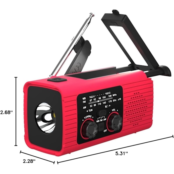 AM/FM/NOAA Aurinkovoimalla Toimiva Käsikammen Sääradio 2000mAh Valolla ja SOS-Hälytyksellä (punainen)