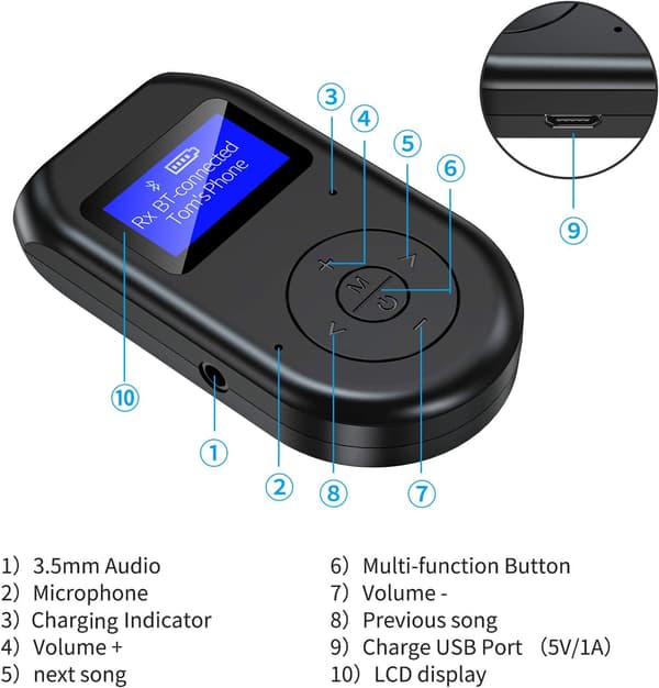 Bluetooth 4-i-1-mottaker med skjerm, Bluetooth 5.0-lydadapter med lav latens