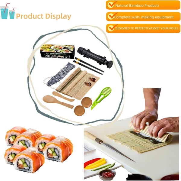 Sushinvalmistussarja, 2 bambu-sushimattoa, sushibazooka-valmistaja (musta)