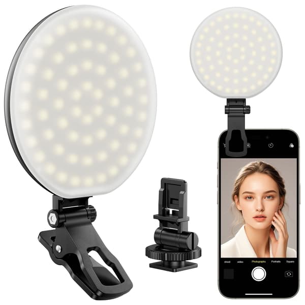 60 LED genopladelig selfie med front- og bagklips, 2500-6500K justerbar 3 tilstande Cri97+ (sort)