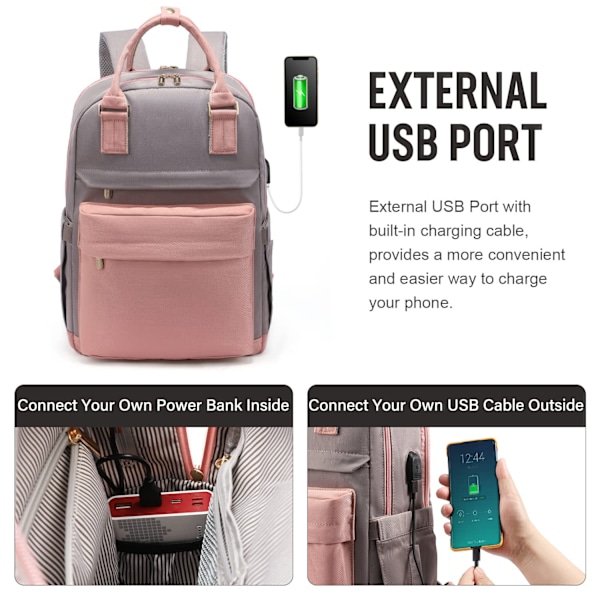 Laptopryggsäck för kvinnor 15 tum, med USB-port, vattentät rese ryggsäck rosa grå