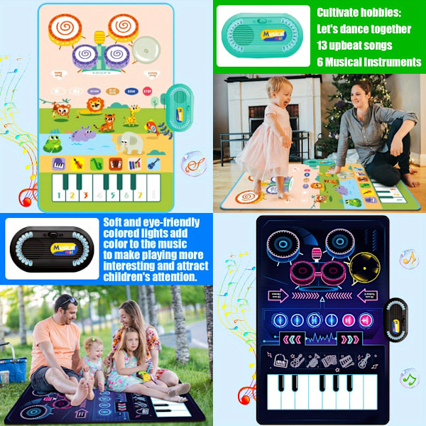 Musikalsk Matte Baby Leker, 2 i 1 Keyboard & Trommematte med 2 Pinner Pedagogiske Musikkleker
