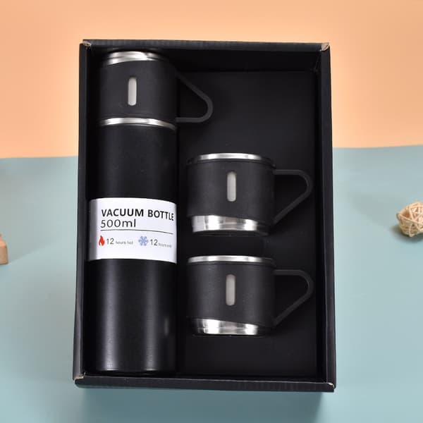 Termoflaske, 500 ml isoleret/kold drikkebeholder med 2 kopper i rustfrit stål (sort) Black 500ML