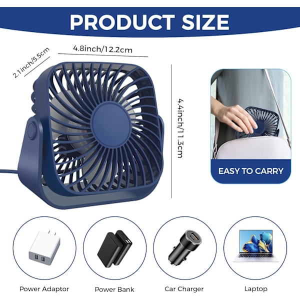 Bordventilator - 3 Hastigheder Bord Desktop Køleventilator 360° Rotationsjustering (Blå)