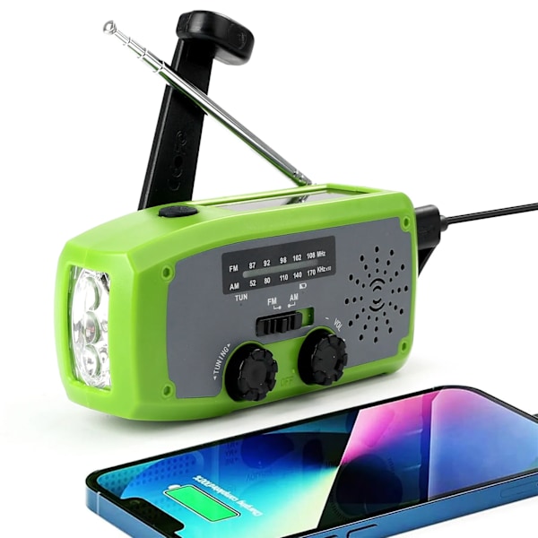 FM/AM/WB/NOAA Solcellsdriven Vevradio med SOS-funktion (grön)