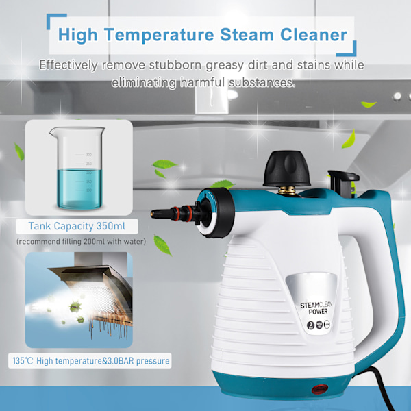 Steamrenser 1050W 135°C, 350 ml vanntank, 2,6-3,2 bar damptrykk, med 2,8 m strømledning