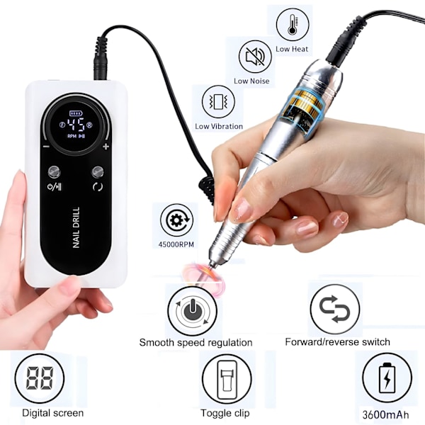 45000Rpm Uppladdningsbar Portabel Nagelfil Elektrisk DIY Nagelborr Kit Med Smart LCD-Skärm Vit