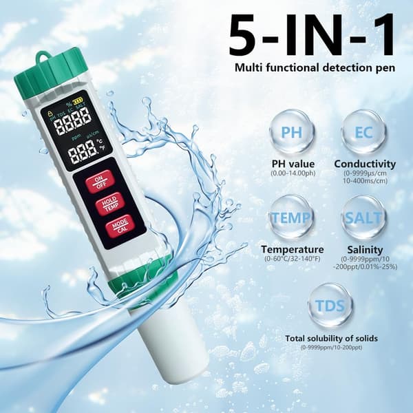 Vandkvalitetstester, 5-i-1 TDS EC Salt Temp PH-måler, Digital Vandmonitor