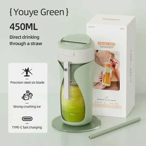 Blender, 6-blads med sugerør, USB oppladbar, 450 ml (grønn)
