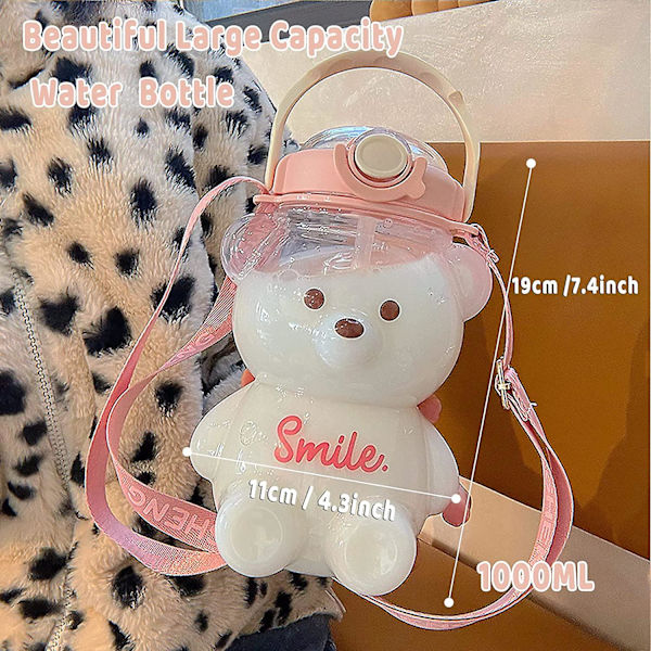 Bear vesipullo oljella, Kawaii vuotamaton vesikannu säädettävällä olkahihnalla retkeilymatkoille 1000ml Pink