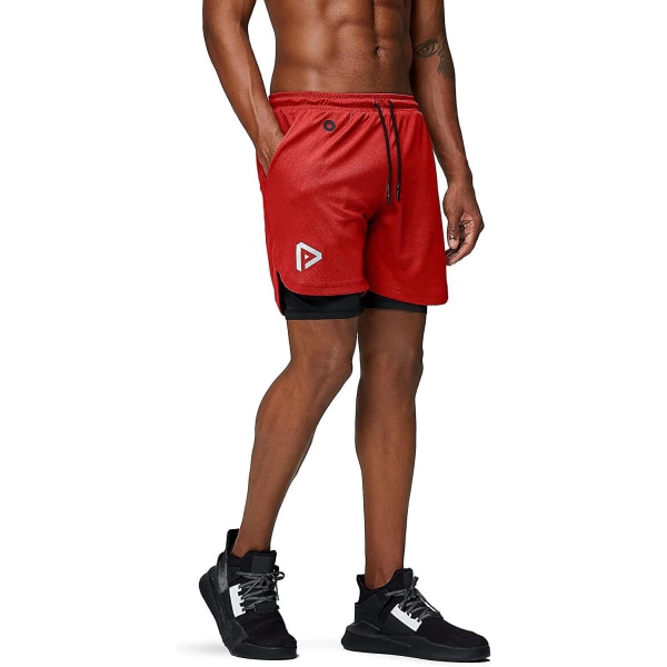 2 i 1 löparshorts med telefonficka Gym Workout Snabbtorka herrshorts 5 tum Red Medium