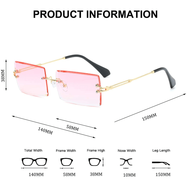 Kantløse rektangelsolbriller, der er kompatible med kvinder/mænd Ultralet metalstel briller Fashion Square Uv400 Unisex briller Pink