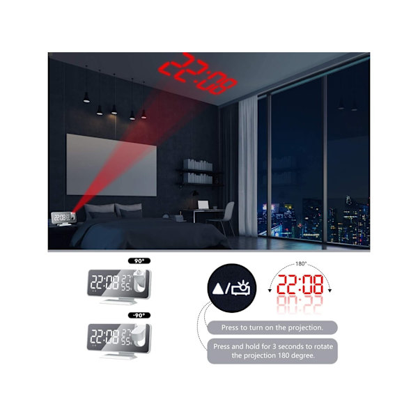 Radio kattoprojektiolla LED- USB kello, jossa lämpötila ja aika white