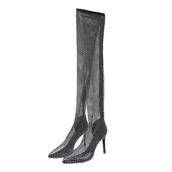 Dame Glitter Rhinestone Boots Lår Høy Over Kneet Hæler Sexy Stiletto 36 Black