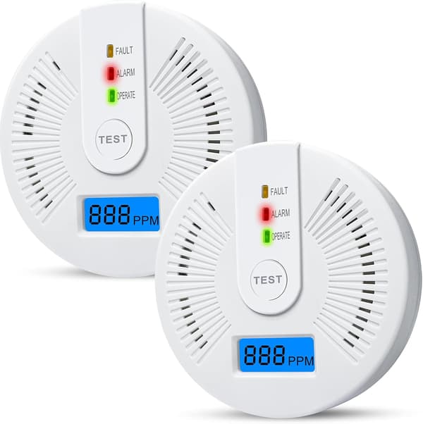 Kuliltealarmer, batteridrevne, 2-pak med lys og digitalt display